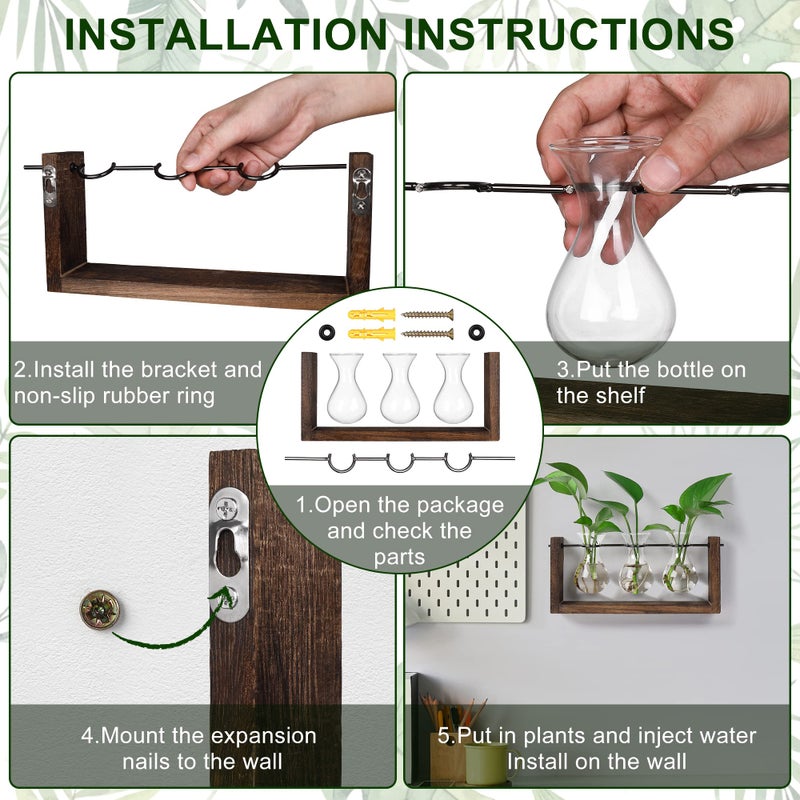 YIBOT Plants Propagation Stations with Wooden Stand  Wall Hanging Glass Planter Tabletop Terrarium Bulb Vase for Hydroponics Plants Home Office Decor-3 Vase - Image 2